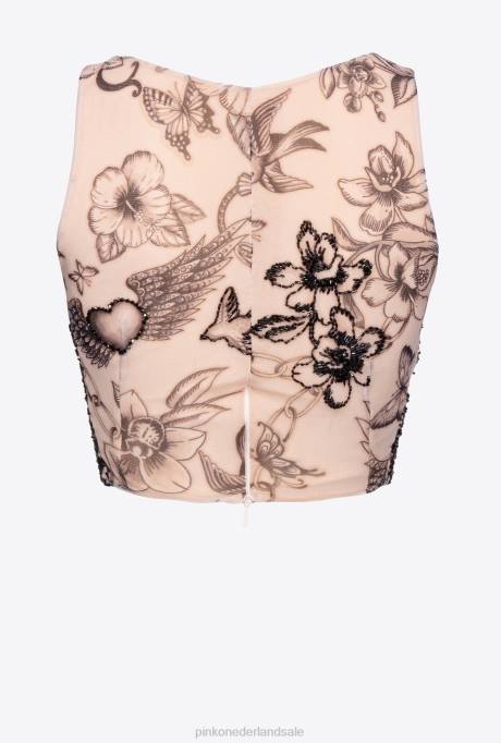 bovenaan | L488468 Crop top met tatoeageprint en borduursel Pinko naakt/zwart