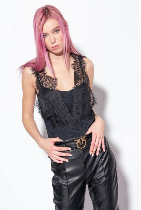 bovenaan | L488472 jacquard top met logo en kant Pinko limousine zwart