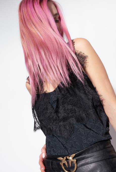 bovenaan | L488472 jacquard top met logo en kant Pinko limousine zwart