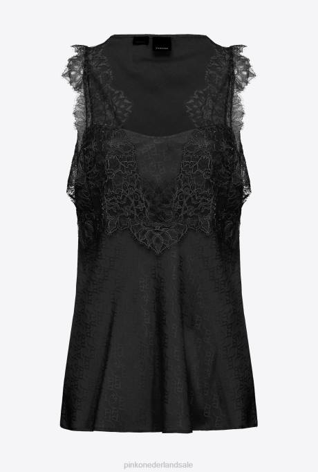 bovenaan | L488472 jacquard top met logo en kant Pinko limousine zwart