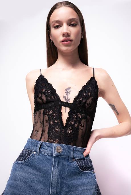 bovenaan | L488477 kanten bodysuit met ronde hals Pinko limousine zwart