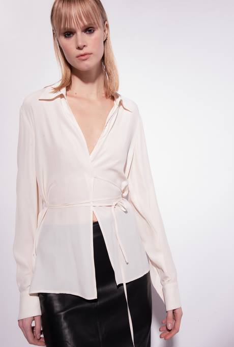 overhemden | L488249 overhemd van zijdemix met stropdas Pinko roze rook wit
