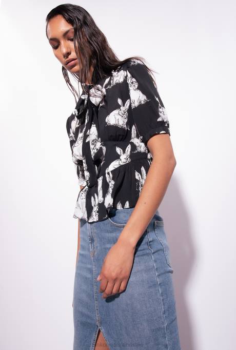 overhemden | L488296 cropped overhemd met konijnenprint Pinko zwart/grijs/wit