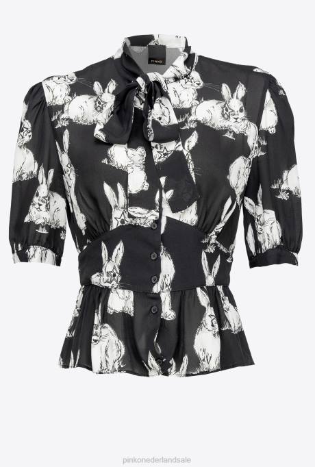 overhemden | L488296 cropped overhemd met konijnenprint Pinko zwart/grijs/wit