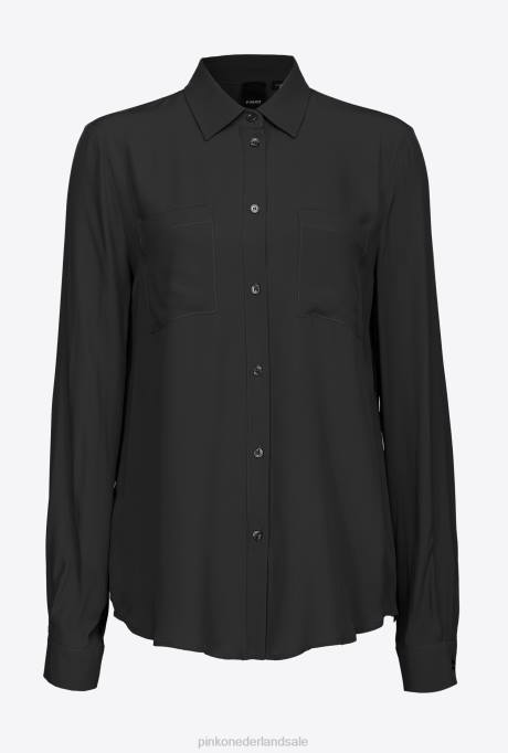 overhemden | L488302 overhemd van zijdemix met borstzakje Pinko limousine zwart