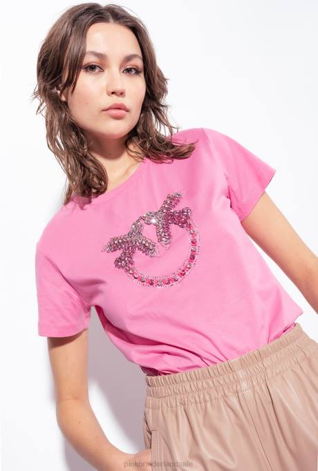 t-shirt | L488351 t-shirt met geborduurde liefdesvogels Pinko convolvulus roze