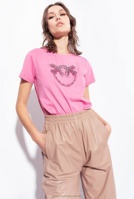 t-shirt | L488351 t-shirt met geborduurde liefdesvogels Pinko convolvulus roze