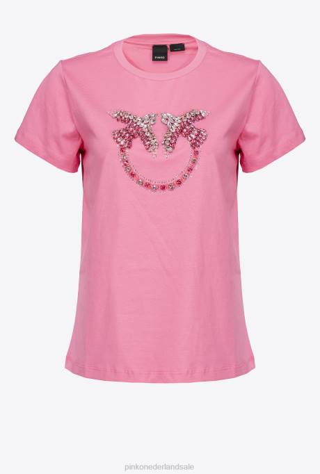 t-shirt | L488351 t-shirt met geborduurde liefdesvogels Pinko convolvulus roze