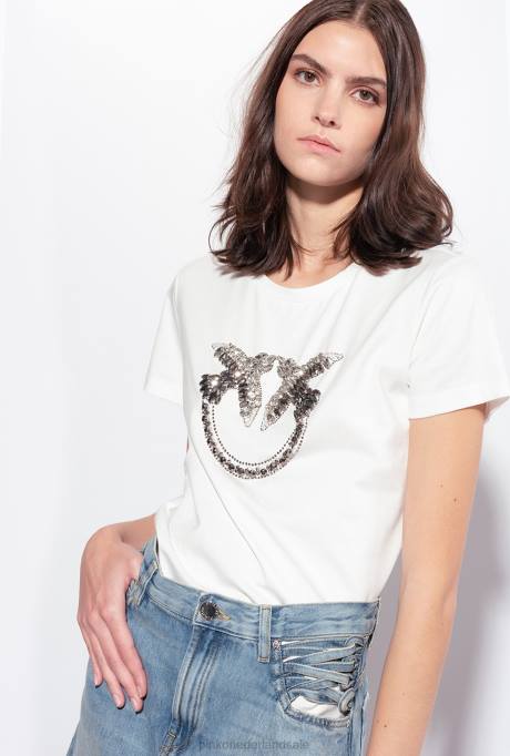 t-shirt | L488352 t-shirt met geborduurde liefdesvogels Pinko wolk wit