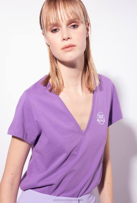 t-shirt | L488397 V-hals t-shirt met logo Pinko lavendel lila