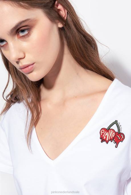t-shirt | L488453 t-shirt met kersen borduursel Pinko Helder wit