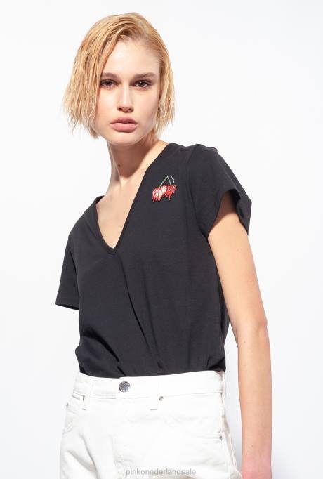 t-shirt | L488454 t-shirt met kersen borduursel Pinko limousine zwart