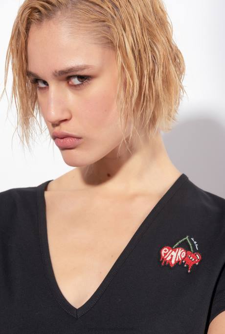 t-shirt | L488454 t-shirt met kersen borduursel Pinko limousine zwart