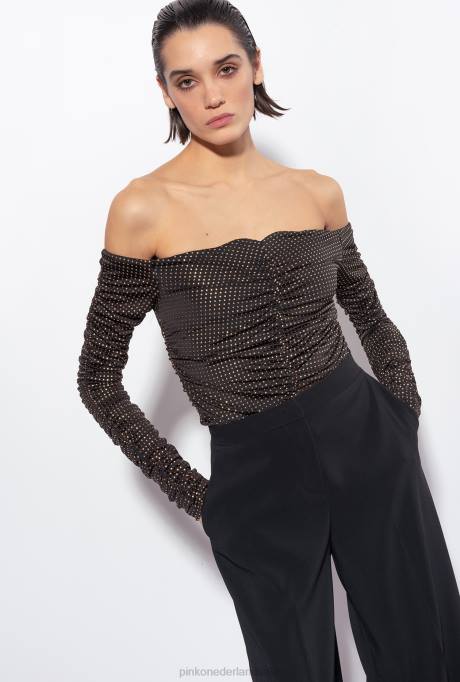 truien | L488388 off-the-shoulder top met micro studs Pinko zwart goud