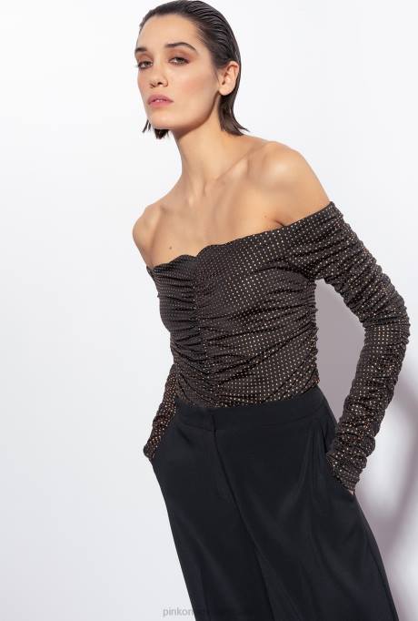 truien | L488388 off-the-shoulder top met micro studs Pinko zwart goud