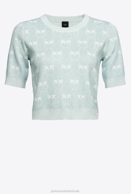 truien | L488450 cropped trui met lurex monogram Pinko aquamarijn/wit