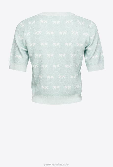 truien | L488450 cropped trui met lurex monogram Pinko aquamarijn/wit