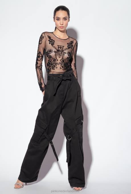 truien | L488461 tule top met tattoo borduursel Pinko limousine zwart