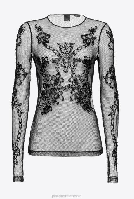 truien | L488461 tule top met tattoo borduursel Pinko limousine zwart