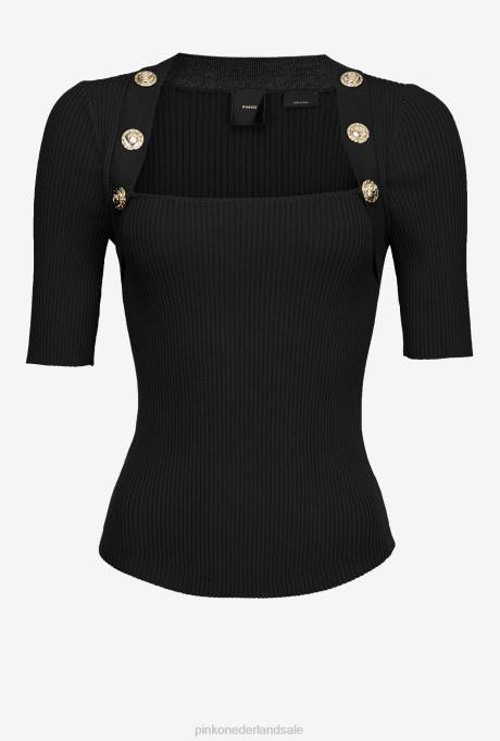 truien | L488492 ribgebreide top met gouden knopen Pinko limousine zwart