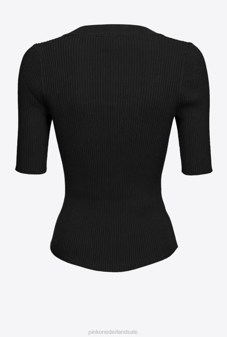 truien | L488492 ribgebreide top met gouden knopen Pinko limousine zwart