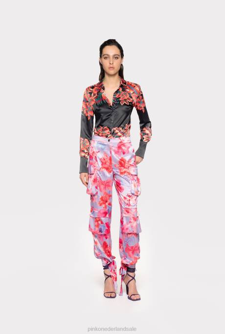 vrijetijdsbroek | L488645 satijnen cargobroek met tropische bloemenprint Pinko lila/lichtroze/fuchsia