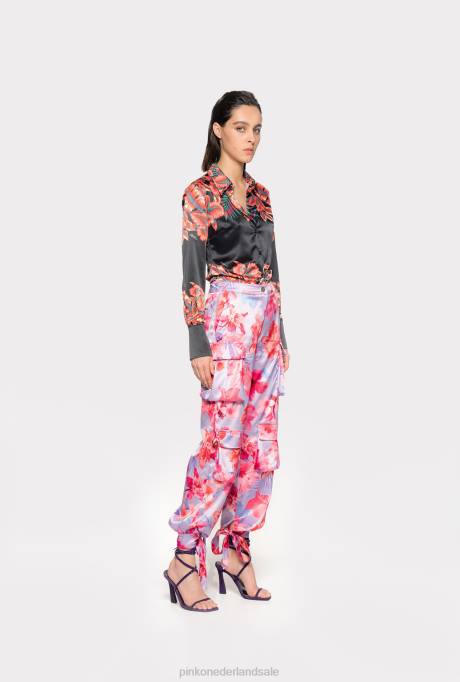 vrijetijdsbroek | L488645 satijnen cargobroek met tropische bloemenprint Pinko lila/lichtroze/fuchsia