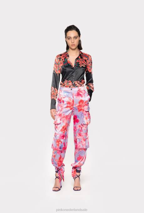vrijetijdsbroek | L488645 satijnen cargobroek met tropische bloemenprint Pinko lila/lichtroze/fuchsia