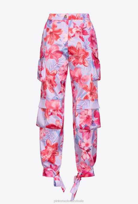 vrijetijdsbroek | L488645 satijnen cargobroek met tropische bloemenprint Pinko lila/lichtroze/fuchsia