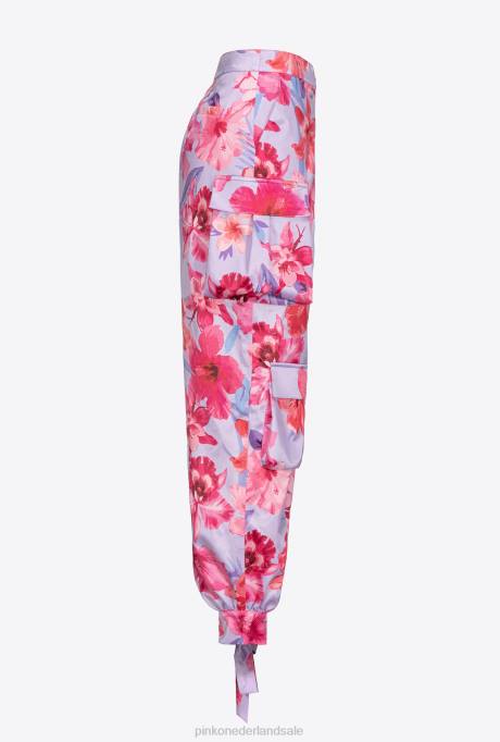 vrijetijdsbroek | L488645 satijnen cargobroek met tropische bloemenprint Pinko lila/lichtroze/fuchsia
