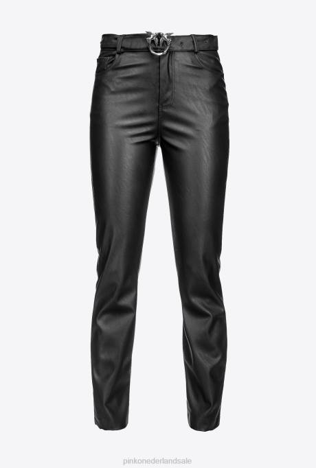 vrijetijdsbroek | L488710 Broek met leereffect en riem met liefdesvogels Pinko limousine zwart