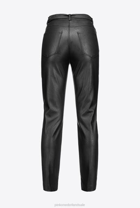 vrijetijdsbroek | L488710 Broek met leereffect en riem met liefdesvogels Pinko limousine zwart