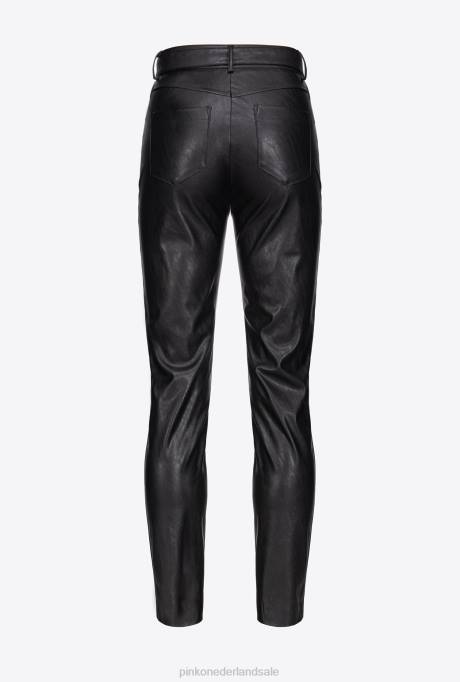 vrijetijdsbroek | L488785 Broek met leereffect en riem met liefdesvogels Pinko limousine zwart