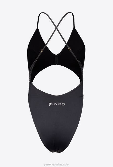 badkleding | L488933 badpak uit één stuk met strass-steentjes Pinko zwart/kristal