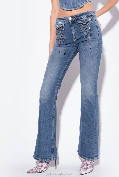 spijkerbroek | L488818 wijd uitlopende jeans met vetersluiting Pinko medium vintage wassing