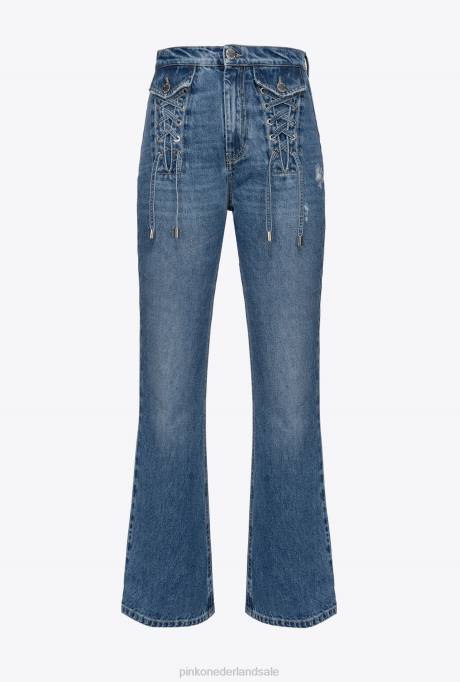 spijkerbroek | L488818 wijd uitlopende jeans met vetersluiting Pinko medium vintage wassing