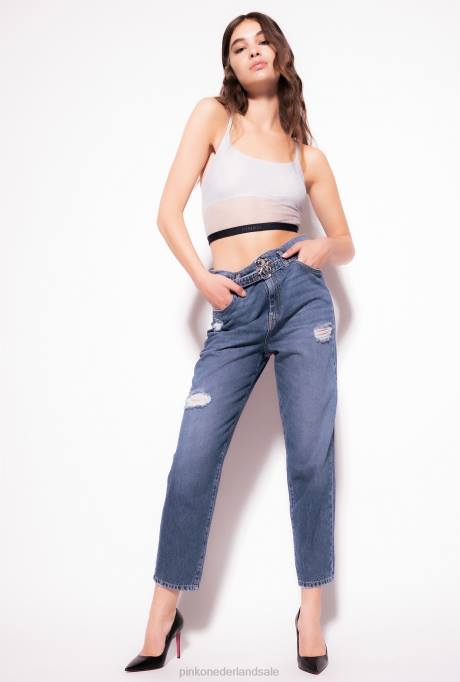 spijkerbroek | L488851 mom-fit jeans met love birds riem Pinko medium vintage wassing
