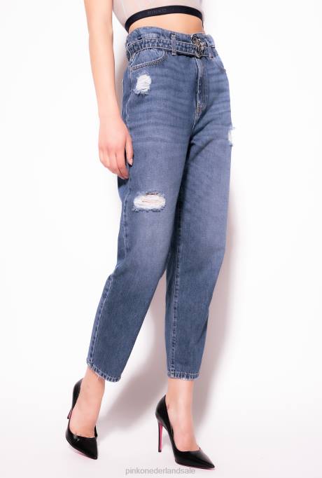 spijkerbroek | L488851 mom-fit jeans met love birds riem Pinko medium vintage wassing