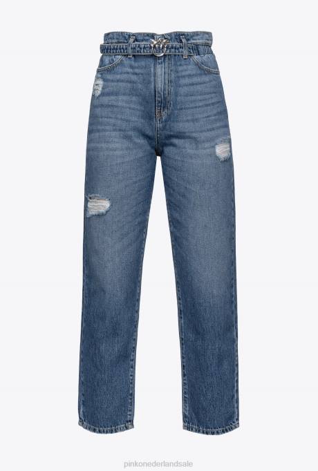 spijkerbroek | L488851 mom-fit jeans met love birds riem Pinko medium vintage wassing