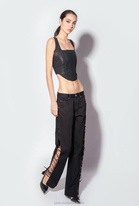 spijkerbroek | L488888 galleria broek met strass ketting Pinko limousine zwart