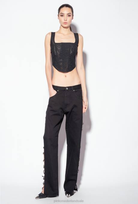 spijkerbroek | L488888 galleria broek met strass ketting Pinko limousine zwart