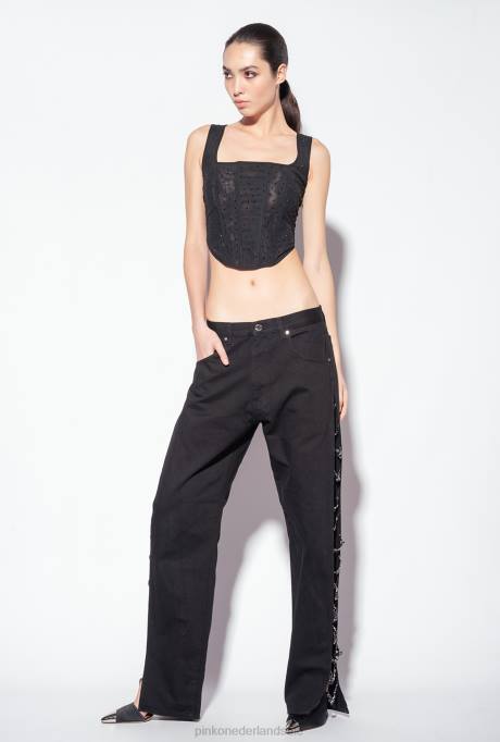 spijkerbroek | L488888 galleria broek met strass ketting Pinko limousine zwart