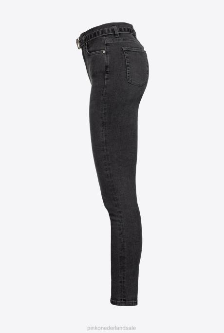 spijkerbroek | L488891 skinny jeans met love birds riem Pinko limousine zwart