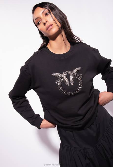 sweatshirts | L488505 sweatshirt met geborduurde liefdesvogels Pinko limousine zwart