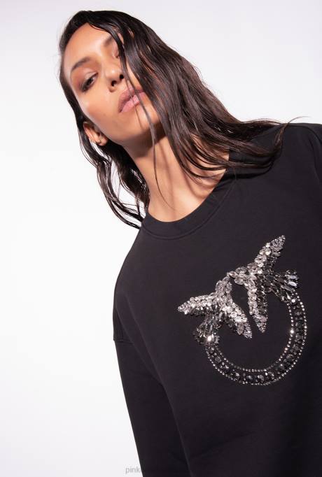 sweatshirts | L488505 sweatshirt met geborduurde liefdesvogels Pinko limousine zwart
