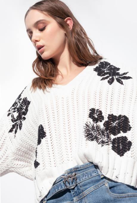 truien | L488499 grafische bloemenprint pullover Pinko wit Zwart