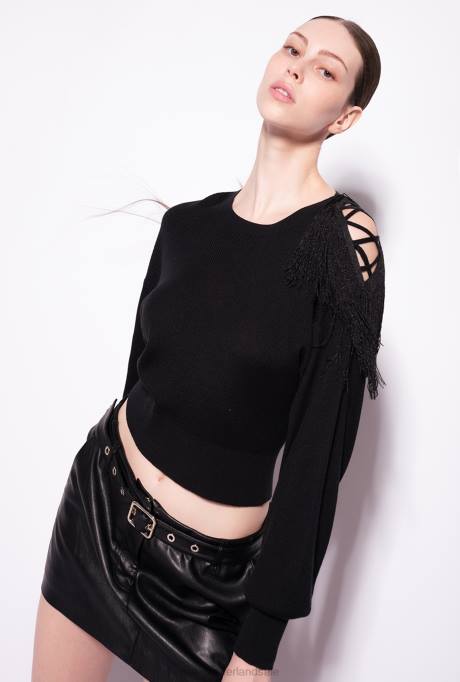 truien | L488506 geribbelde trui met franje detail Pinko limousine zwart