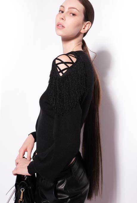 truien | L488506 geribbelde trui met franje detail Pinko limousine zwart
