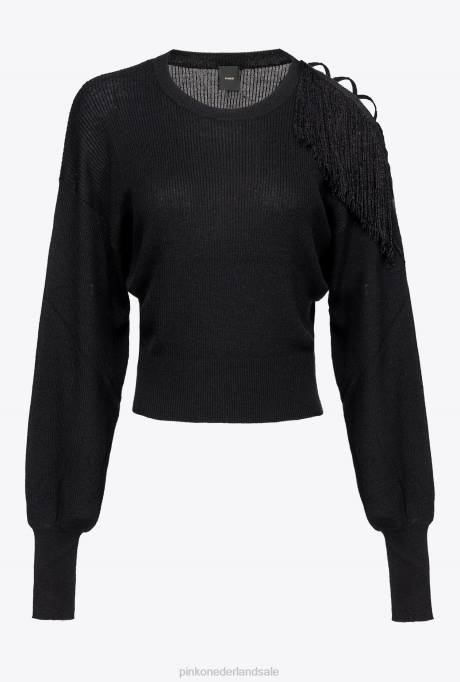 truien | L488506 geribbelde trui met franje detail Pinko limousine zwart