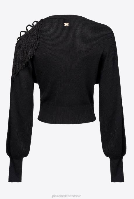 truien | L488506 geribbelde trui met franje detail Pinko limousine zwart